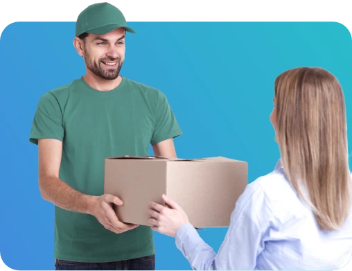 Mover handing a box to a woman